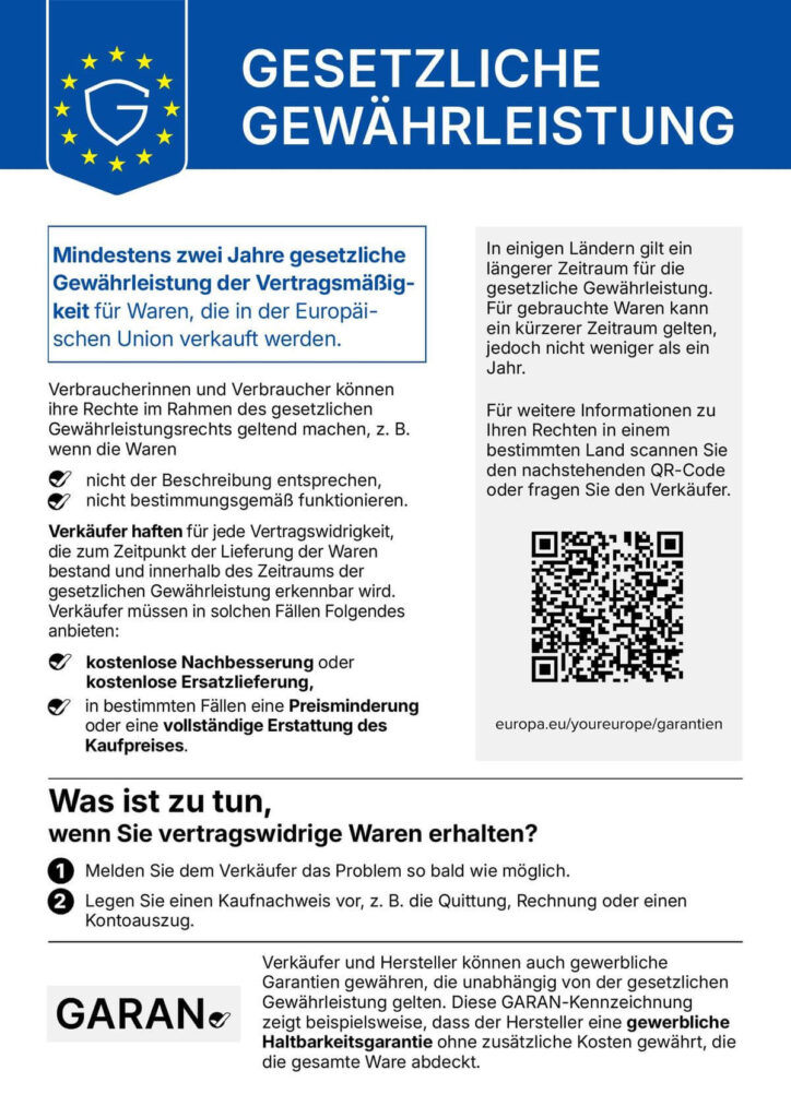 Informationen zur gesetzlichen Gewährleistung für Waren in der Europäischen Union